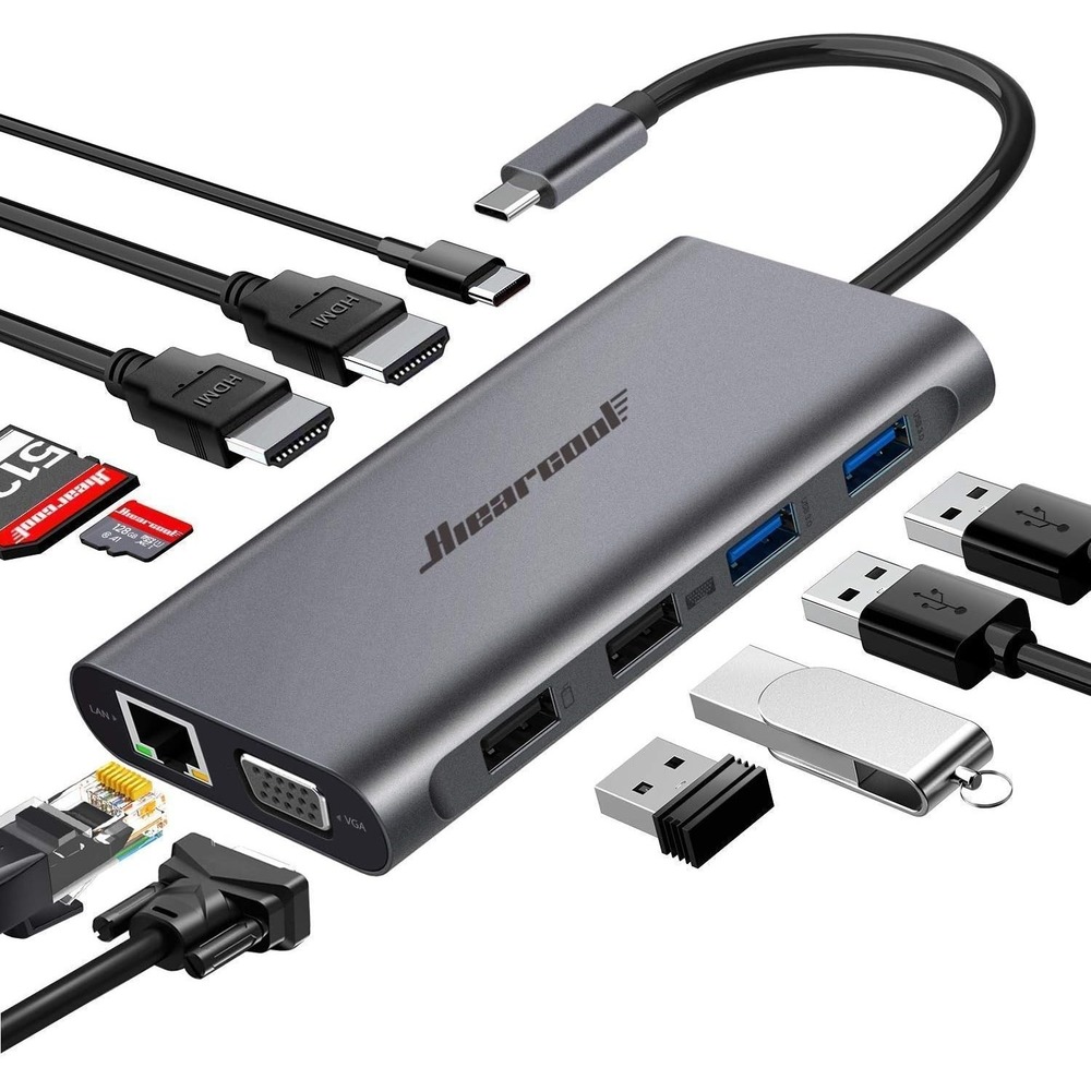 Hiearcool USB-C Hub 11-in-1 Triple Display‎ Docking Station HDMI VGA LAN SD USB